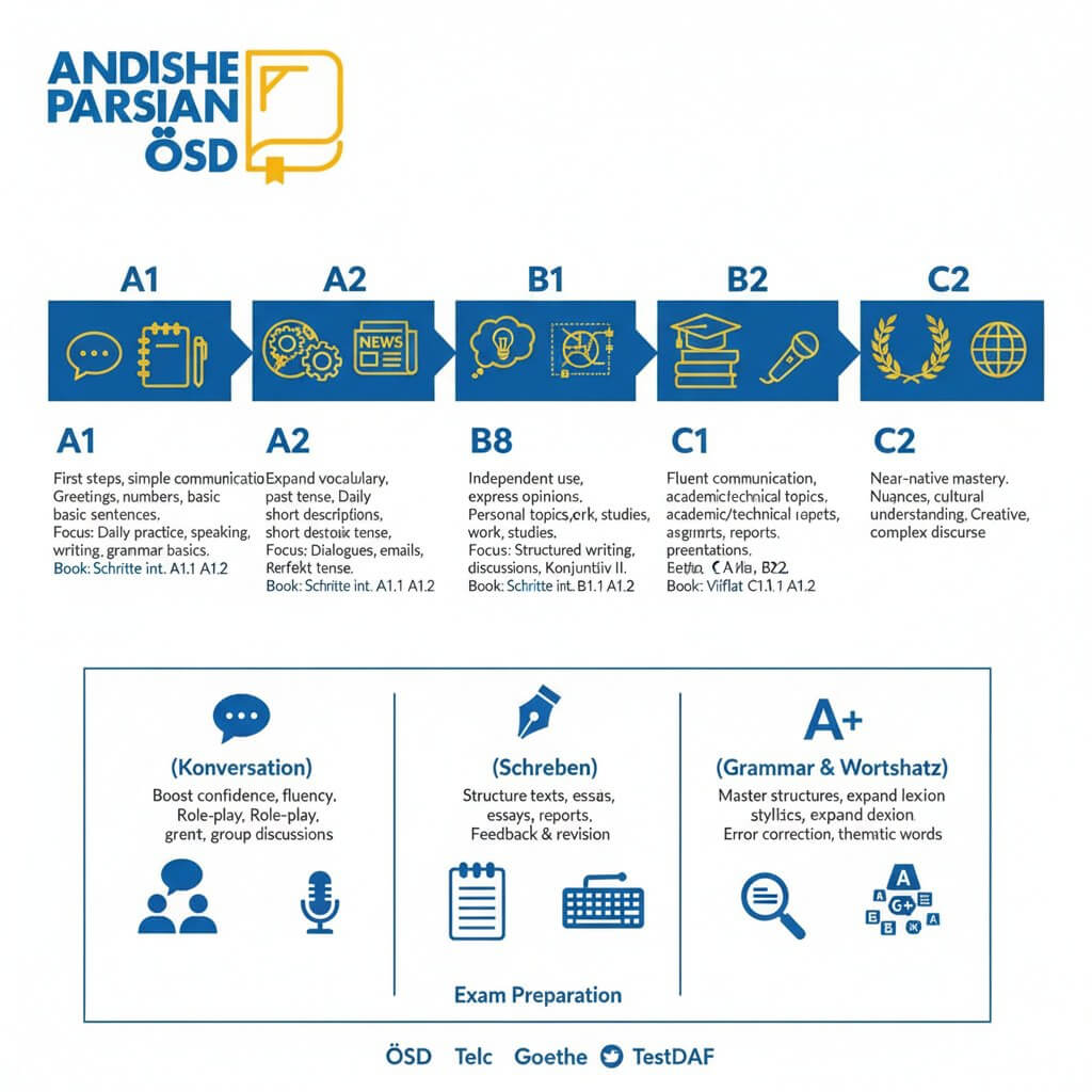 هر سطح از زبان آلمانی چند ترم است؟